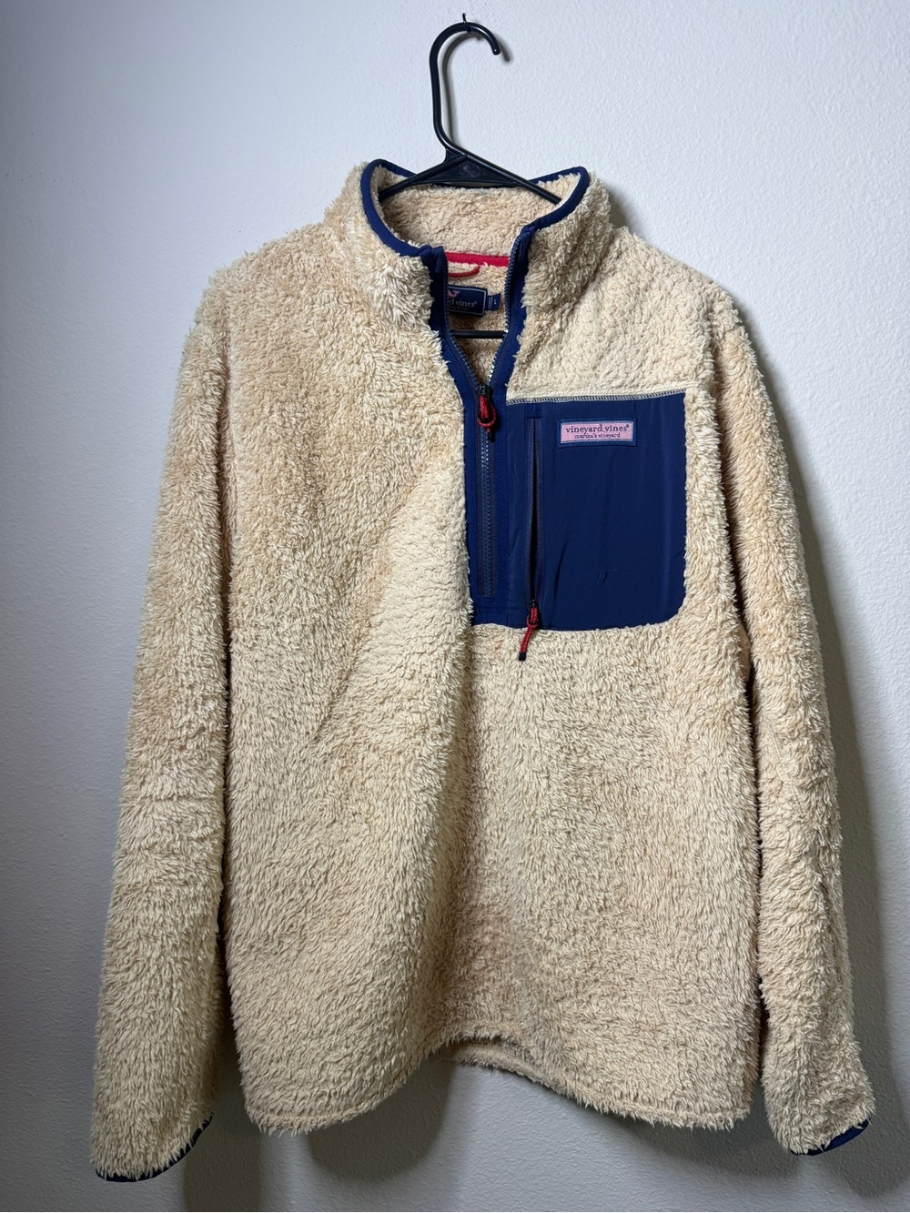 Vineyard Vines Cream Sherpa Quarter-Zip with Navy Chest Pocket